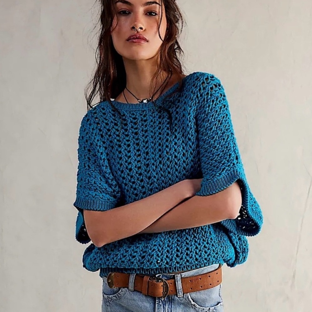 Free People We The Free Sophia Sweater Tee In Ocean Palace Blue-NWOT